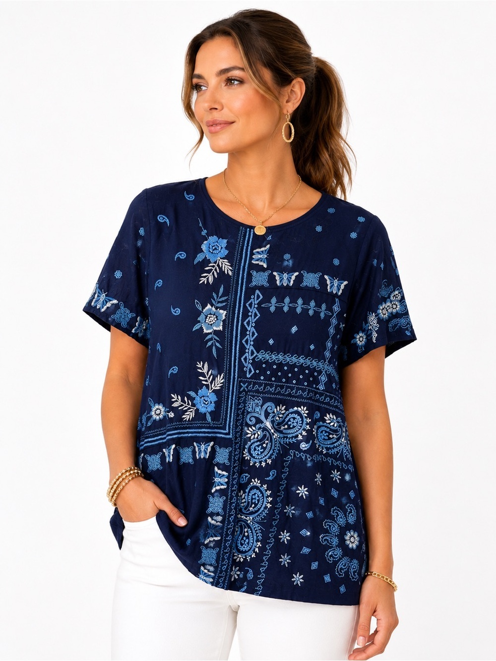 Johnny Was Navy Blue Short-Sleeve Patchwork Floral Paisley Embroidered Top Sz M
